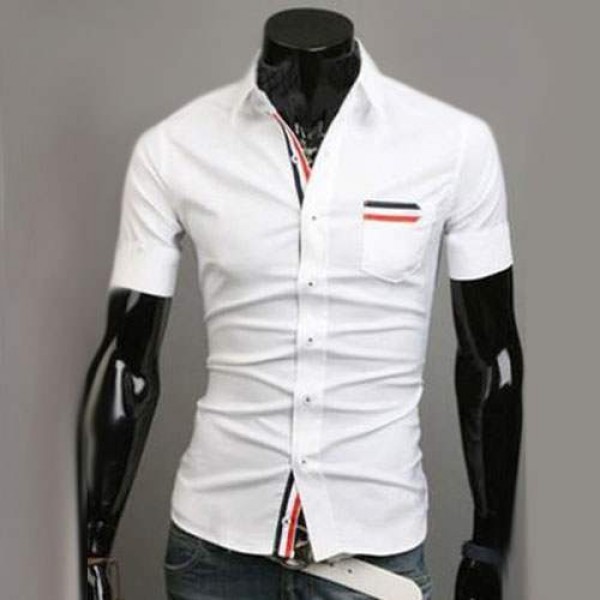 Chemise Homme manches courtes Men Elegance Bande rayee Fitted Blanc